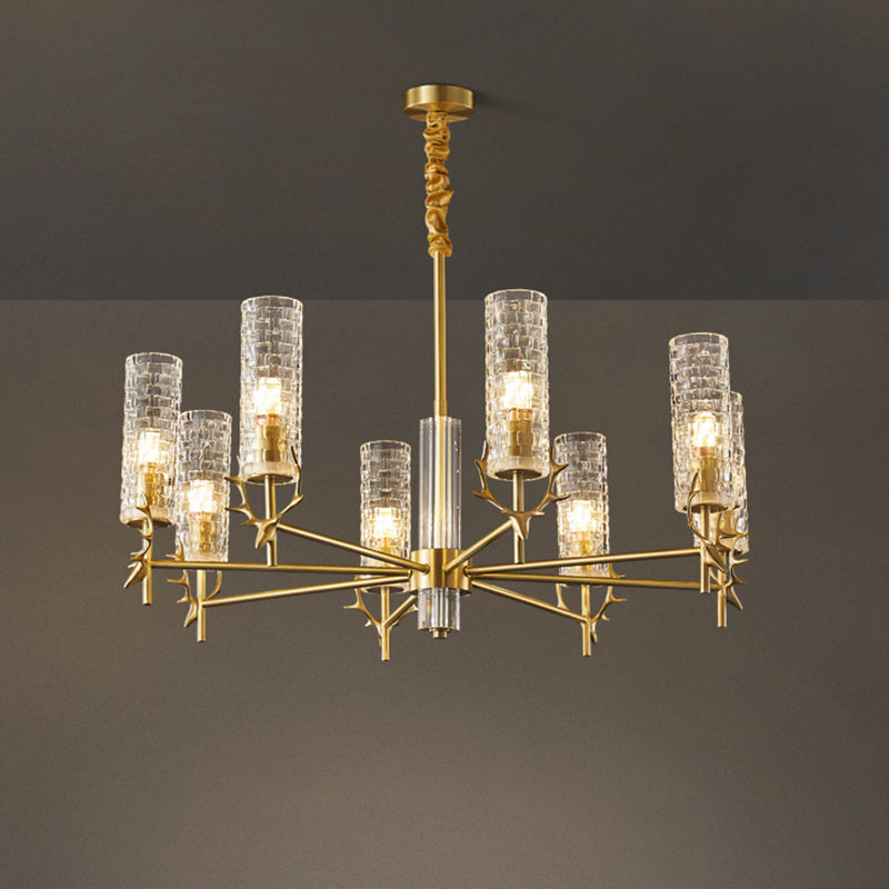 Gold Radial Pendant Light Mid-Century Cylindrical Clear Glass Suspension Light for Living Room