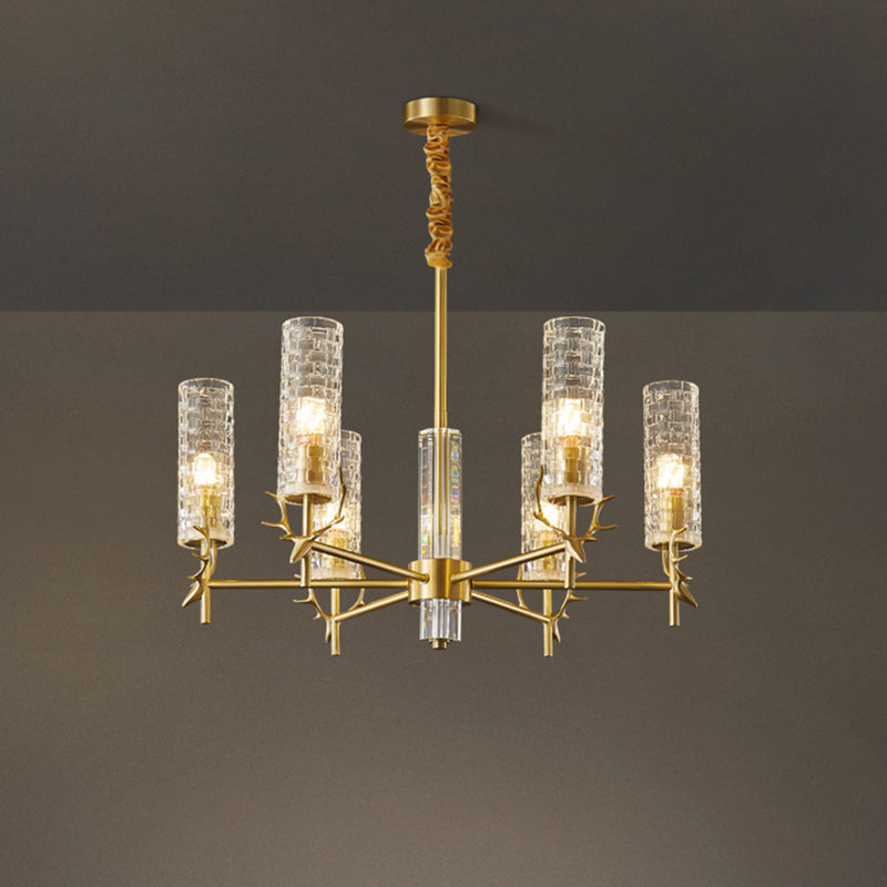 Gold Radial Pendant Light Mid-Century Cylindrical Clear Glass Suspension Light for Living Room