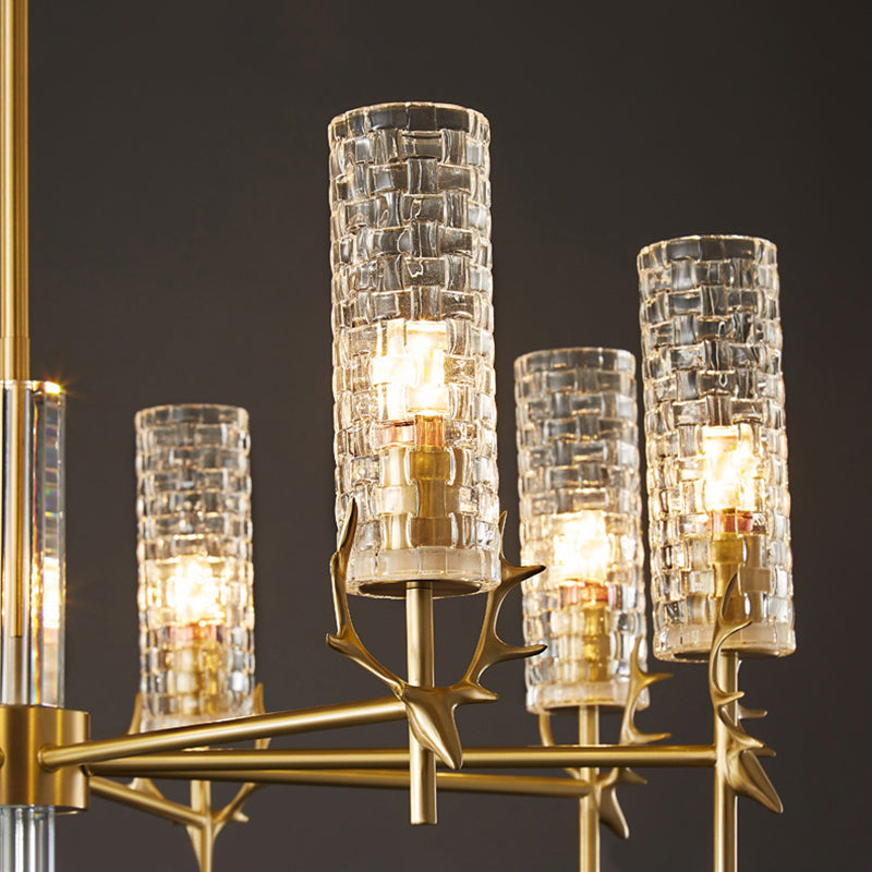 Gold Radial Pendant Light Mid-Century Cylindrical Clear Glass Suspension Light for Living Room