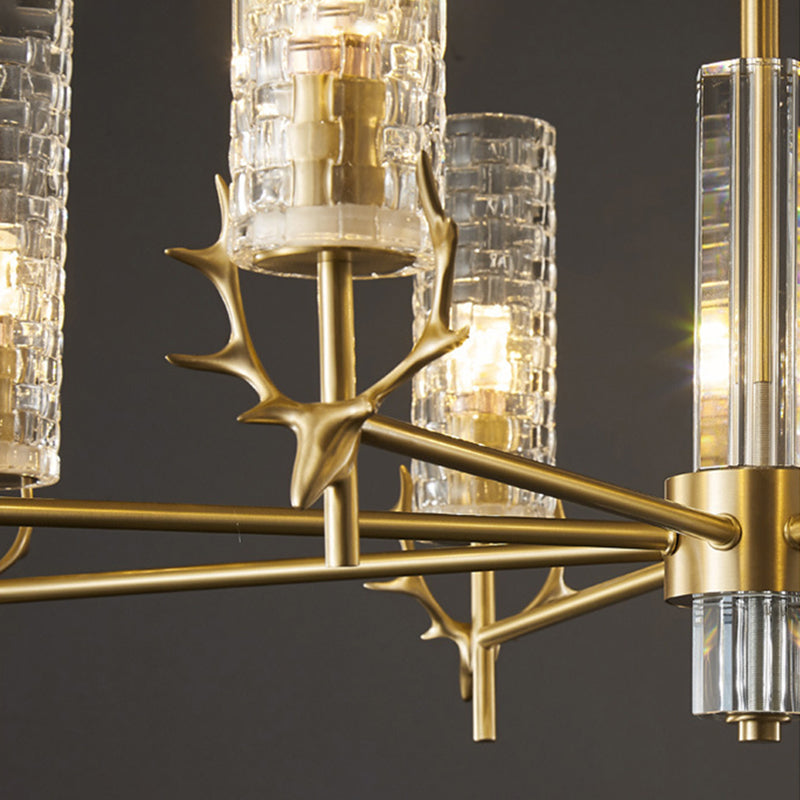 Gold Radial Pendant Light Mid-Century Cylindrical Clear Glass Suspension Light for Living Room