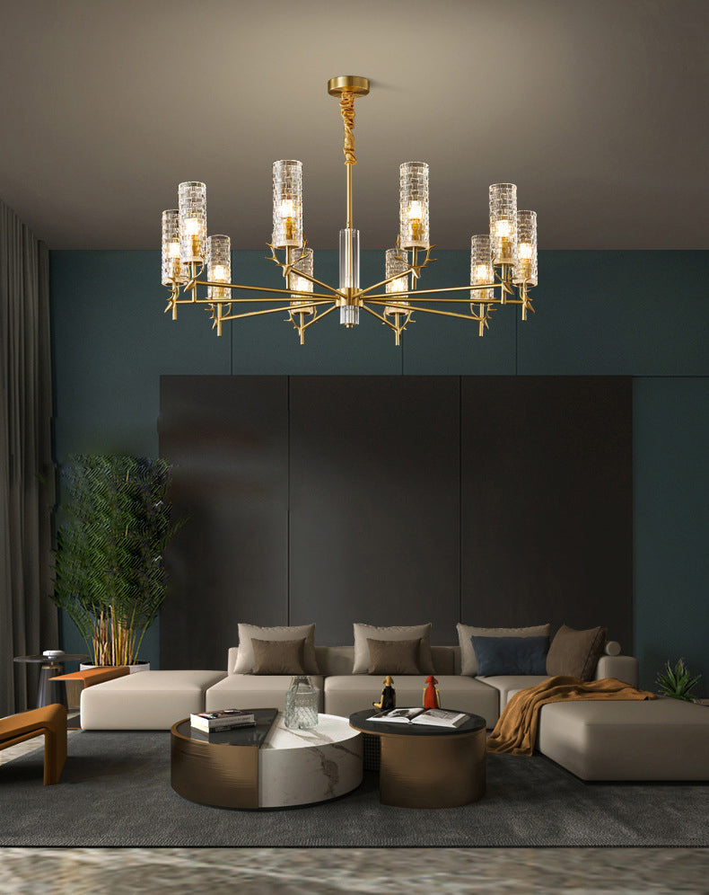 Gold Radial Pendant Light Mid-Century Cylindrical Clear Glass Suspension Light for Living Room