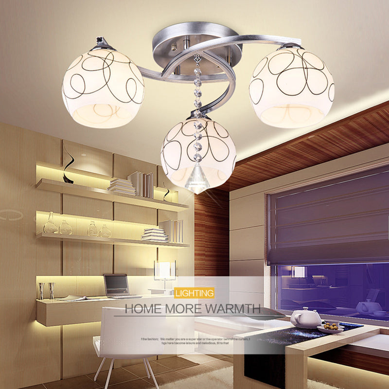 Chrome 3 Light Ceiling Lighting Modern Metal Sphere Milk Glass Semi Flush Mount Lighting for Living Room