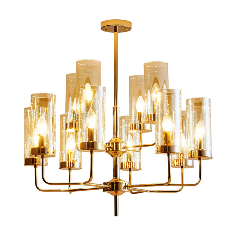 Post-modern Style Chandelier Cylindrical Glass Shade Simplicity Home Decorative Hanging Light in Electroplated Gold