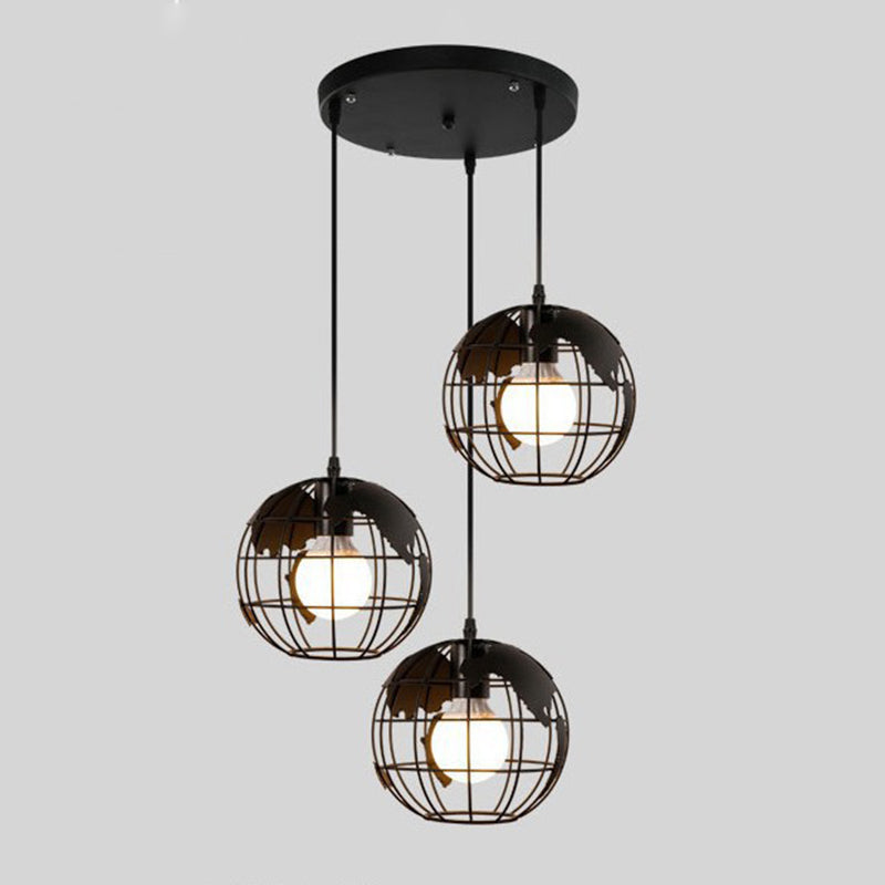 3 Lights Globe Light Pendant Industrial Style Metal Hanging Lights for Restaurant