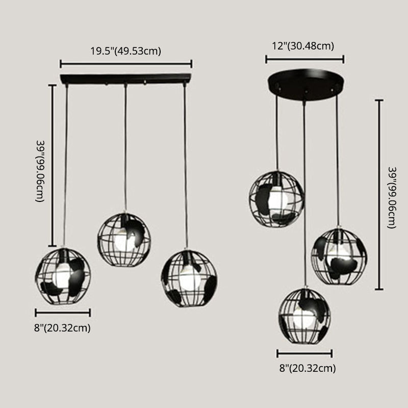 3 Lights Globe Light Pendant Industrial Style Metal Hanging Lights for Restaurant