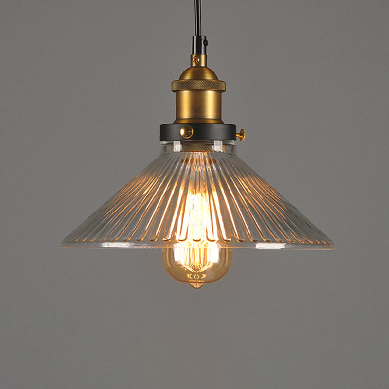 Brass Finish 1-Light Pendant Industrial Clear Ribbed Glass Conical Drop Light for Bar