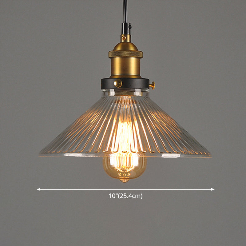 Brass Finish 1-Light Pendant Industrial Clear Ribbed Glass Conical Drop Light for Bar