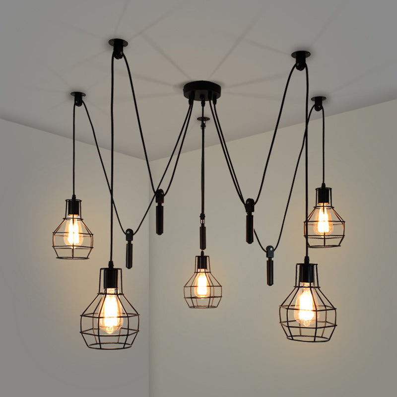 Caged Metal Pendant Lighting Industrial-Style Bedroom Hanging Pendant Light in Black