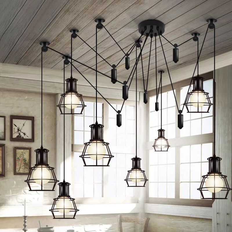 Caged Metal Pendant Lighting Industrial-Style Bedroom Hanging Pendant Light in Black