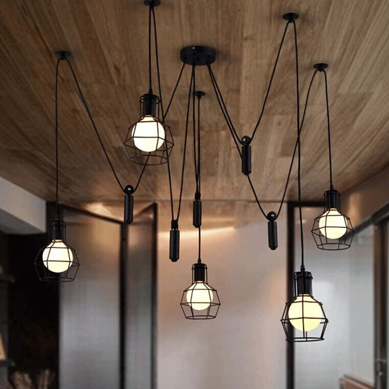 Caged Metal Pendant Lighting Industrial-Style Bedroom Hanging Pendant Light in Black