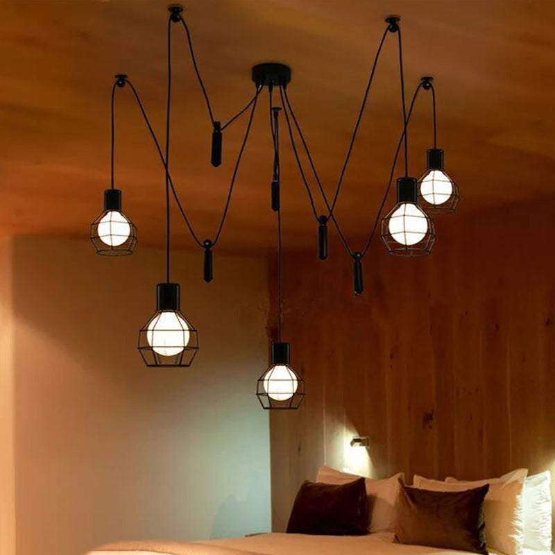 Caged Metal Pendant Lighting Industrial-Style Bedroom Hanging Pendant Light in Black