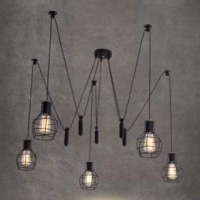 Caged Metal Pendant Lighting Industrial-Style Bedroom Hanging Pendant Light in Black