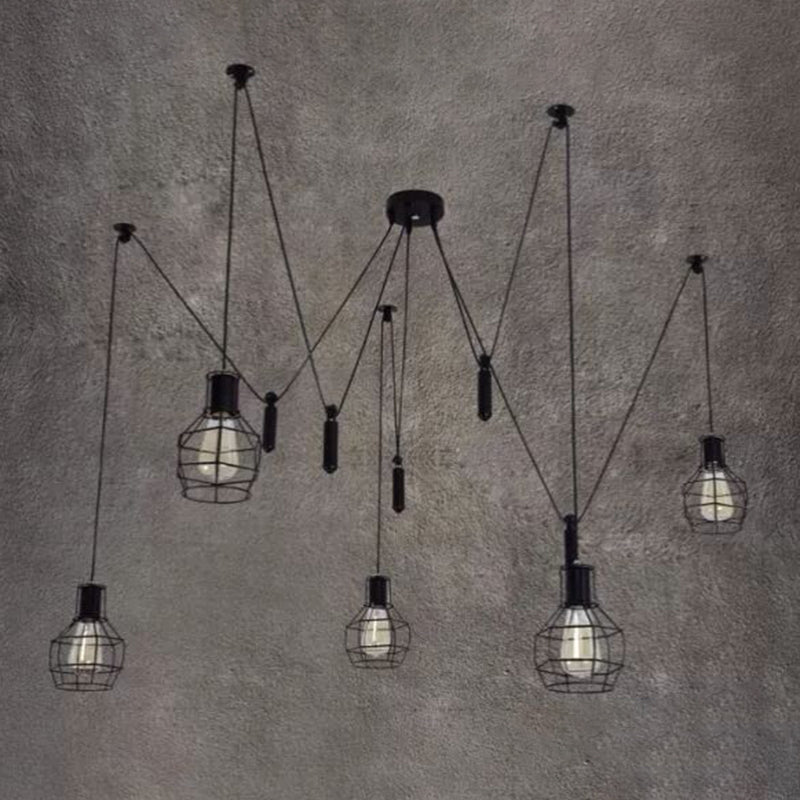 Caged Metal Pendant Lighting Industrial-Style Bedroom Hanging Pendant Light in Black