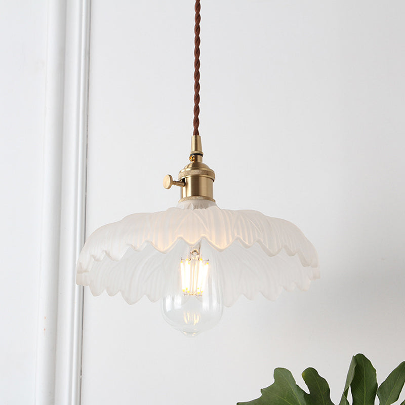 Loft Style Shaded Pendant Light Kit 1-Head Carved Glass Suspension Lighting in Brass