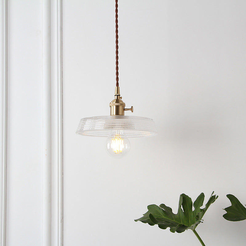 Loft Style Shaded Pendant Light Kit 1-Head Carved Glass Suspension Lighting in Brass