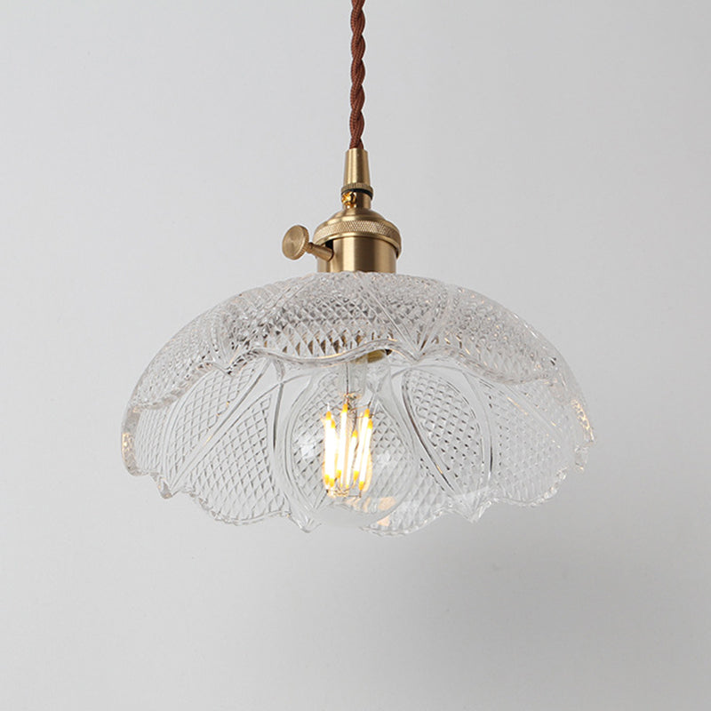 Loft Style Shaded Pendant Light Kit 1-Head Carved Glass Suspension Lighting in Brass