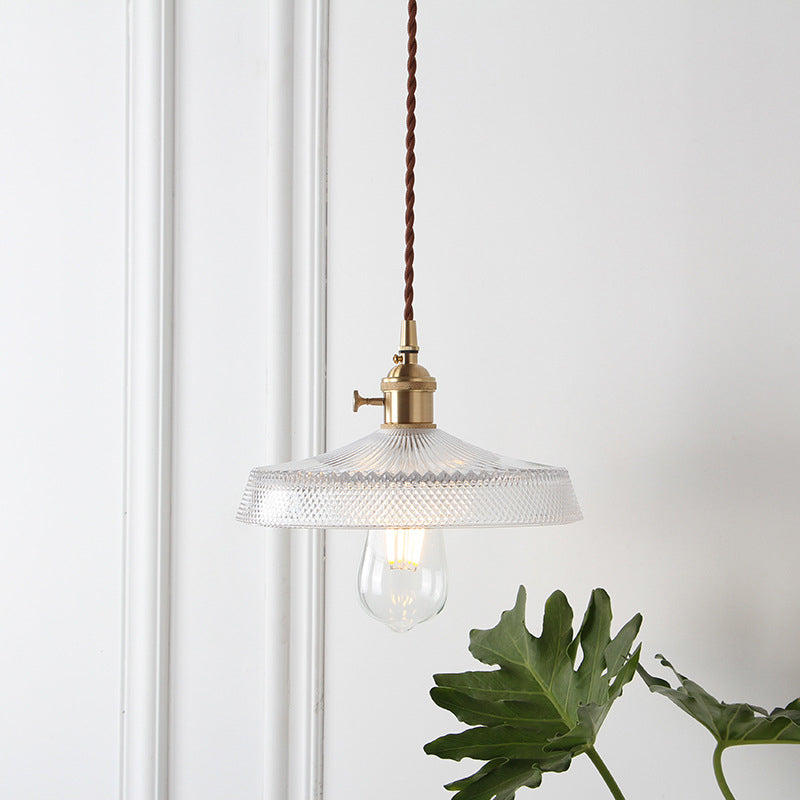 Loft Style Shaded Pendant Light Kit 1-Head Carved Glass Suspension Lighting in Brass