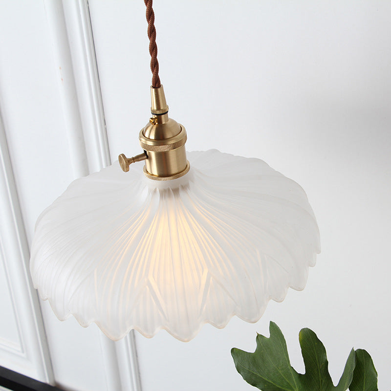 Loft Style Shaded Pendant Light Kit 1-Head Carved Glass Suspension Lighting in Brass