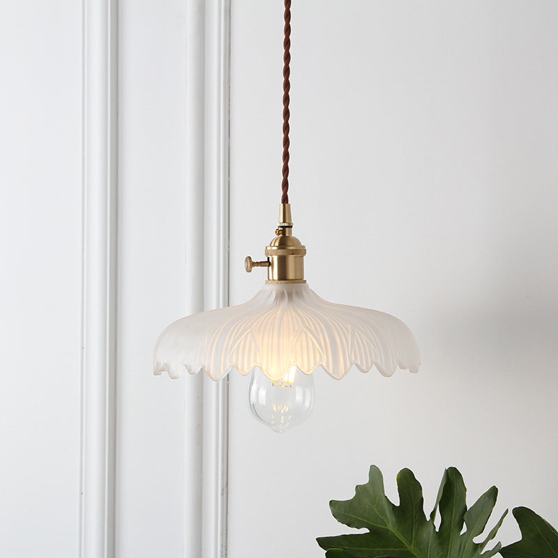 Loft Style Shaded Pendant Light Kit 1-Head Carved Glass Suspension Lighting in Brass