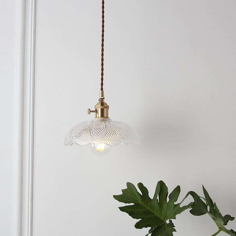 Loft Style Shaded Pendant Light Kit 1-Head Carved Glass Suspension Lighting in Brass