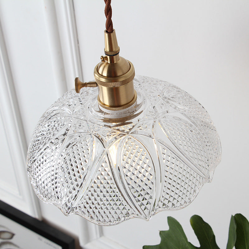 Loft Style Shaded Pendant Light Kit 1-Head Carved Glass Suspension Lighting in Brass