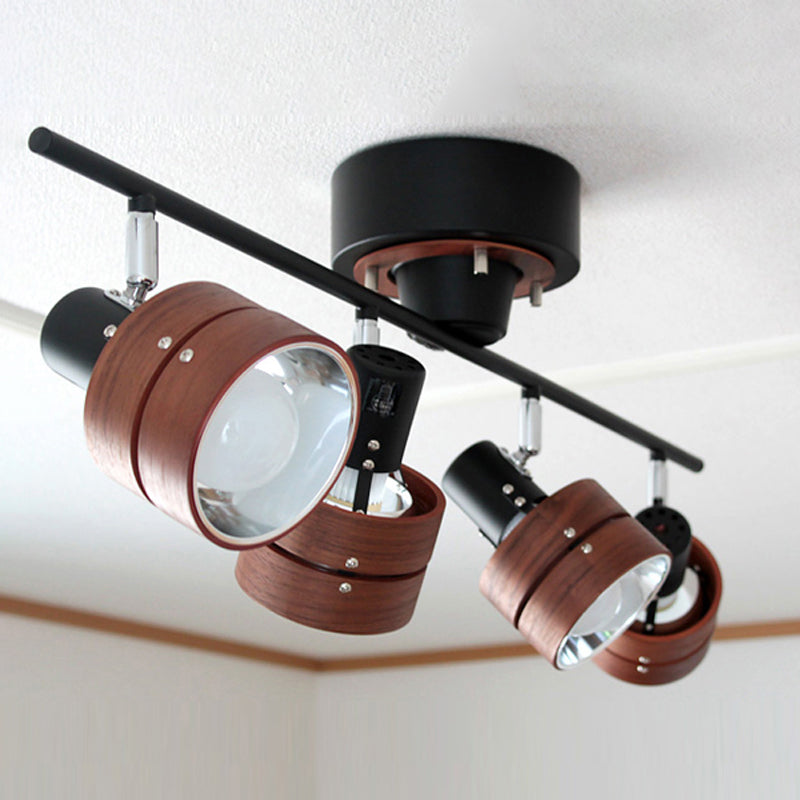 Nordic Wooden and Metal Track Lighting Fixtures Rotatable Semi Flush Ceiling Track Lighting for Foyer and Bedroom