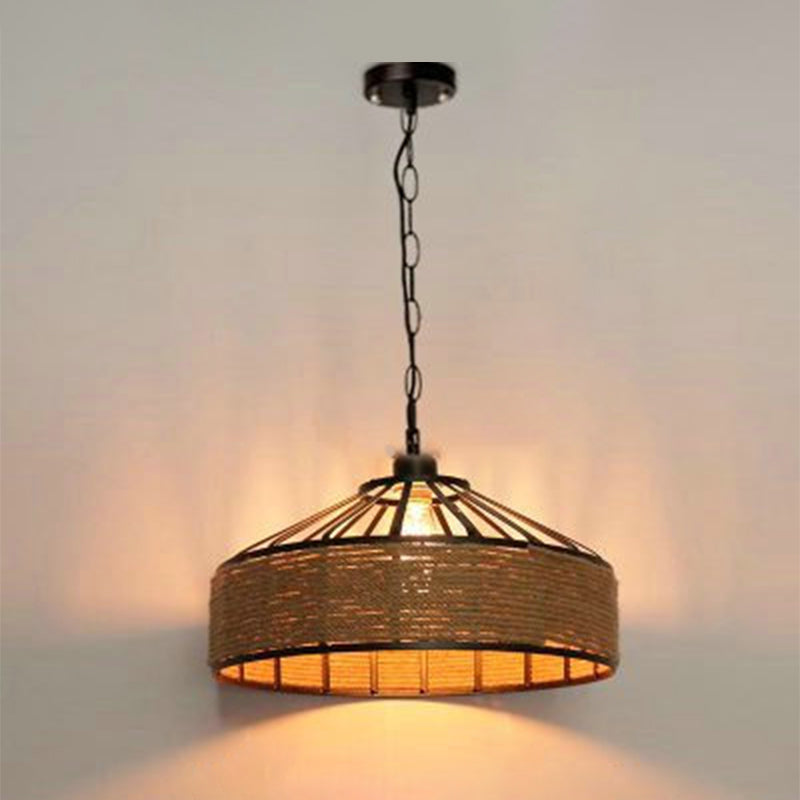 Vintage Black Mongolian Yurt Ceiling Light Hemp Rope 1 Light Restaurant Hanging Pendant Lighting