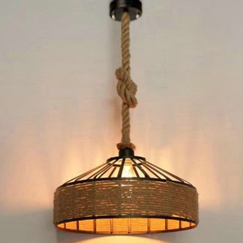 Vintage Black Mongolian Yurt Ceiling Light Hemp Rope 1 Light Restaurant Hanging Pendant Lighting