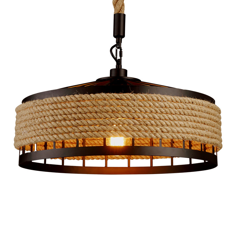 Vintage Black Mongolian Yurt Ceiling Light Hemp Rope 1 Light Restaurant Hanging Pendant Lighting