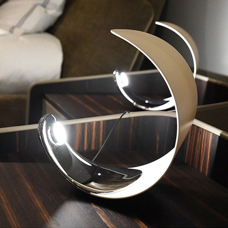 Minimalist Moon Shaped Night Lamp Metallic Bedroom LED Table Light with Plug-in Cord