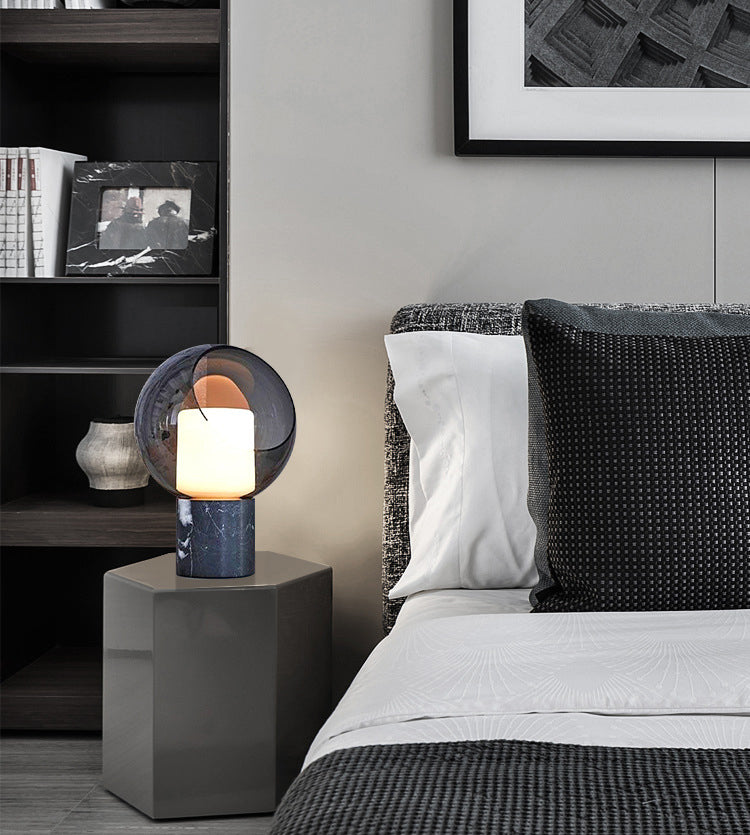 Smoke Grey Globe Glass Table Lamp Nordic Simplicity Double-layer Shade Nightstand Light with Cylindrical Marble Base