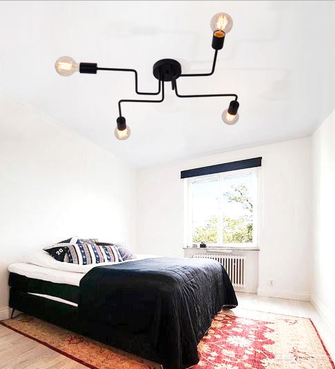 Black Sputnik Semi Flush Mount in Industrial Vintage Style Ceiling Light with Metal Stem for Bedroom