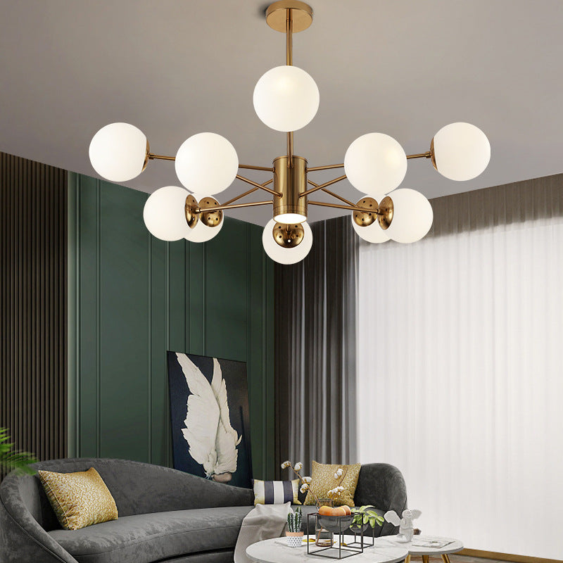 Milk White Glass Globe Shade Lighting 10 Light Chandelier with Spotlight Nordic Style Simplicity Lighting Pendant in Gold