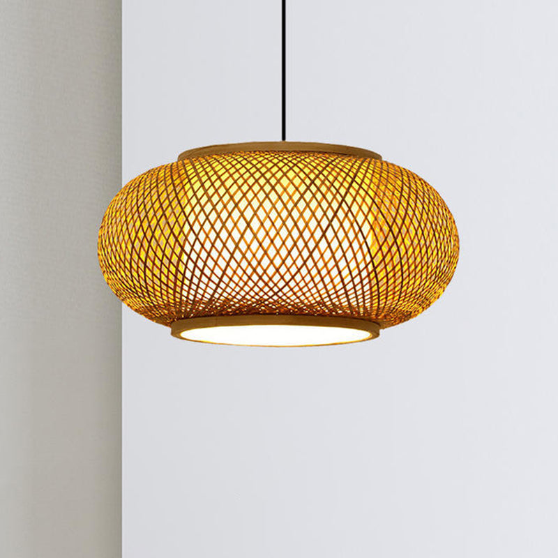 Asian Style Bamboo Woven Chandelier Lantern Shape 1 Light Dining Room Pendant Light