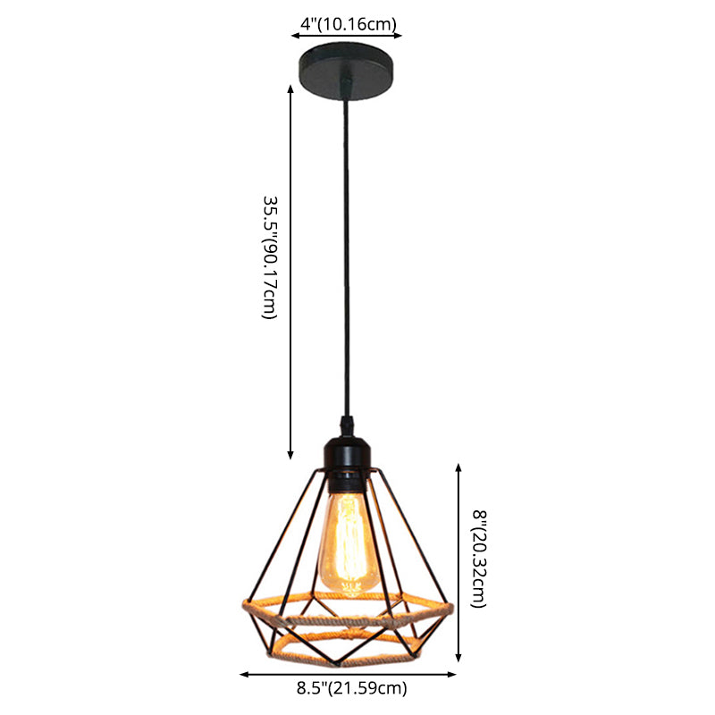 Vintage Hemp Rope Hanging Light with Iron Cage Shade Single Bulb Restaurants Suspension Lamp