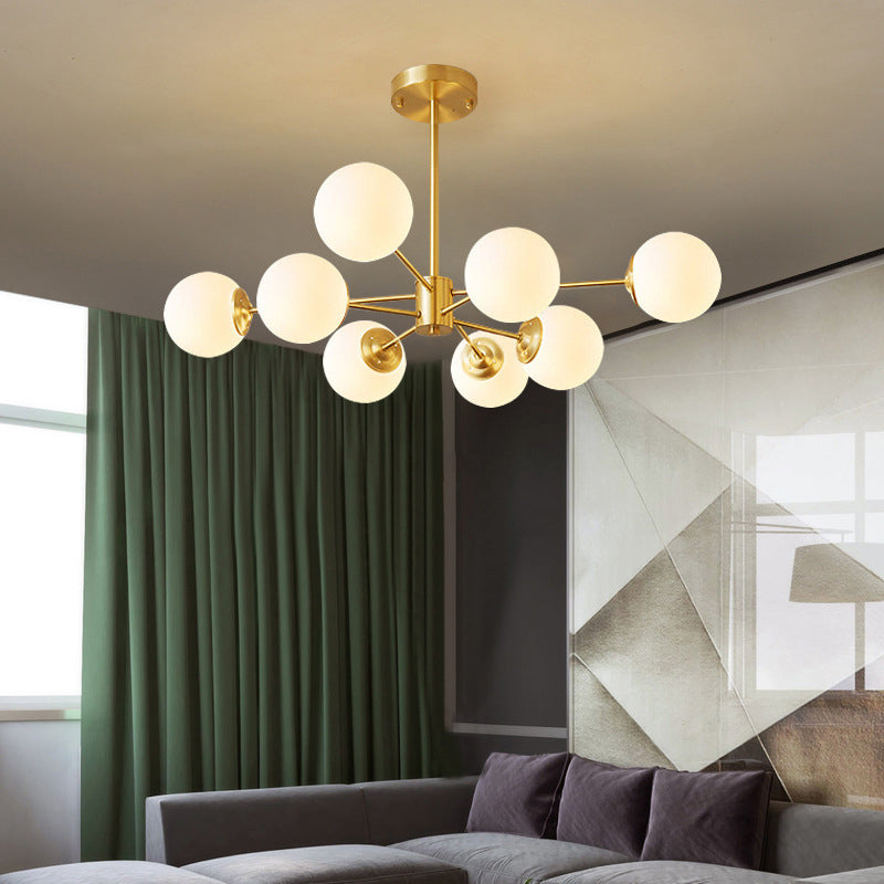 Candelera colgante de metal posmoderna Candelera de techo de techo de vidrio claro en oro para sala de estar