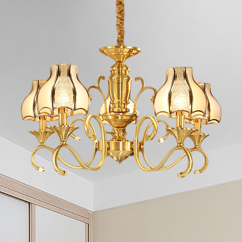 Colonial Swirled Arm Suspended Lighting 3/5/6 Heads Metal Hanging Chandelier in Gold with Frosted and Water Glass Shade