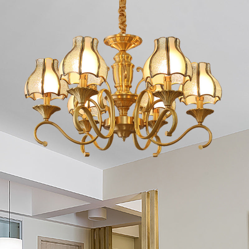 Colonial Swirled Arm Suspended Lighting 3/5/6 Heads Metal Hanging Chandelier in Gold with Frosted and Water Glass Shade