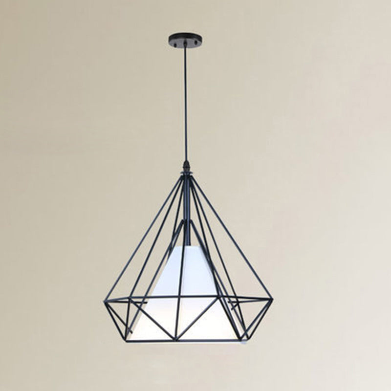 1 Light Diamond Cage Ceiling Light Industrial Metal Hanging Pendant Lights for Coffee Shop