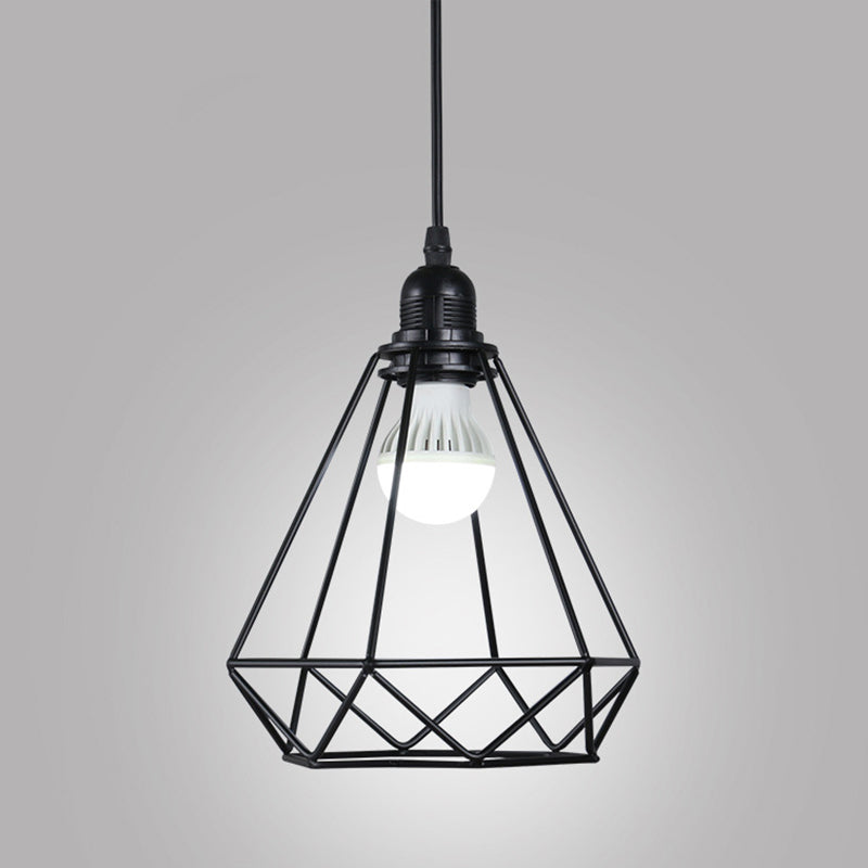 1 Light Diamond Cage Ceiling Light Industrial Metal Hanging Pendant Lights for Coffee Shop