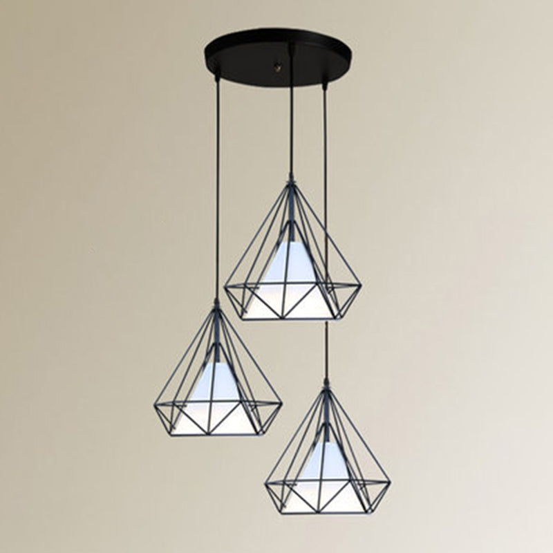 3 Lights Diamond Cage Hanging Pendant Lights Industrial Style Metal Pendant Ceiling Lights