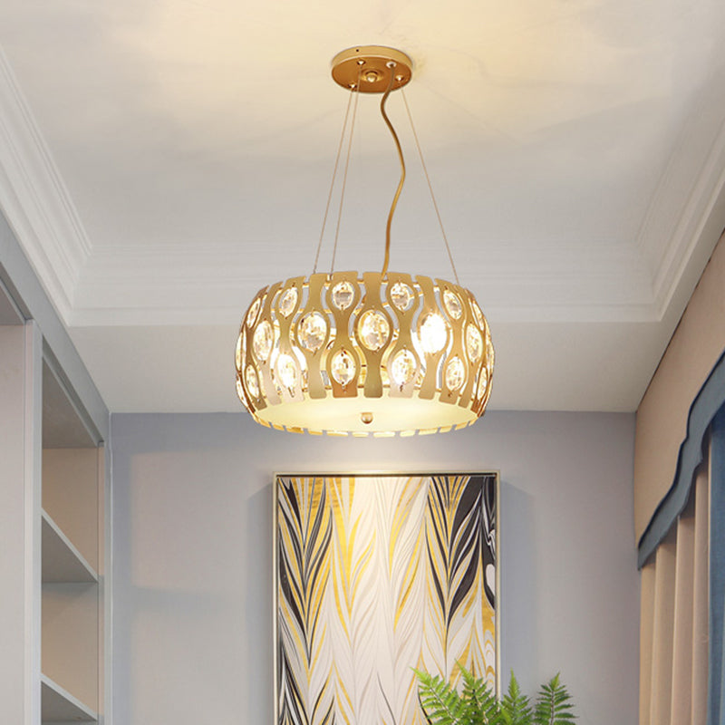 Metal Drum Hanging Chandelier Modern 3/4 Lights 15"/19" Width Gold Ceiling Lamp with Crystal Accent