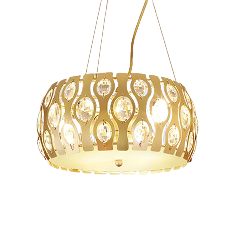 Metal Drum Hanging Chandelier Modern 3/4 Lights 15"/19" Width Gold Ceiling Lamp with Crystal Accent