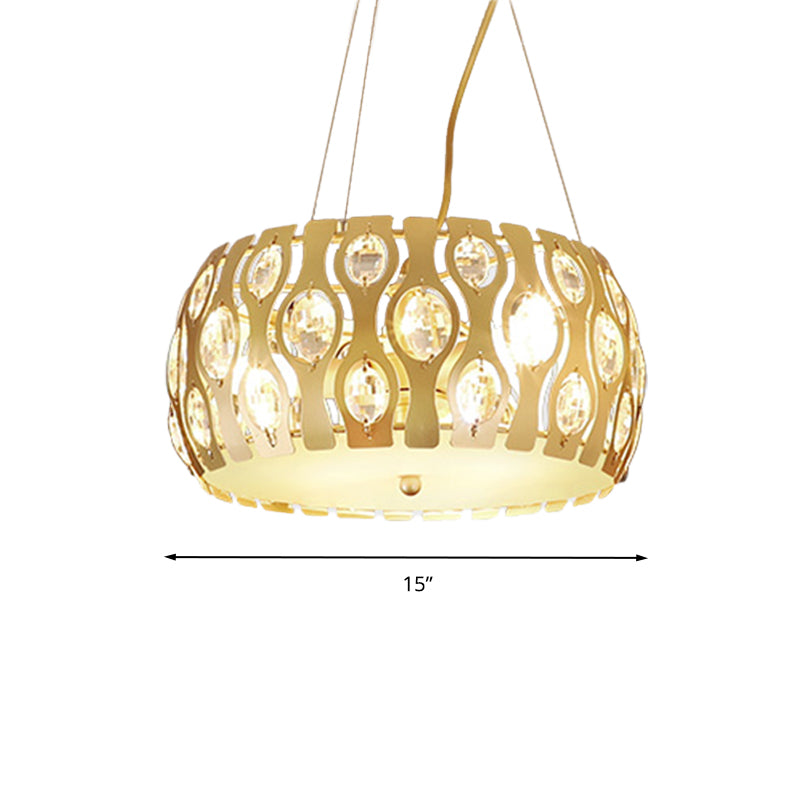 Lampadario a sospensione del tamburo in metallo moderno 3/4 luci da 15 "/19" Lampada a soffitto in oro con accento cristallino