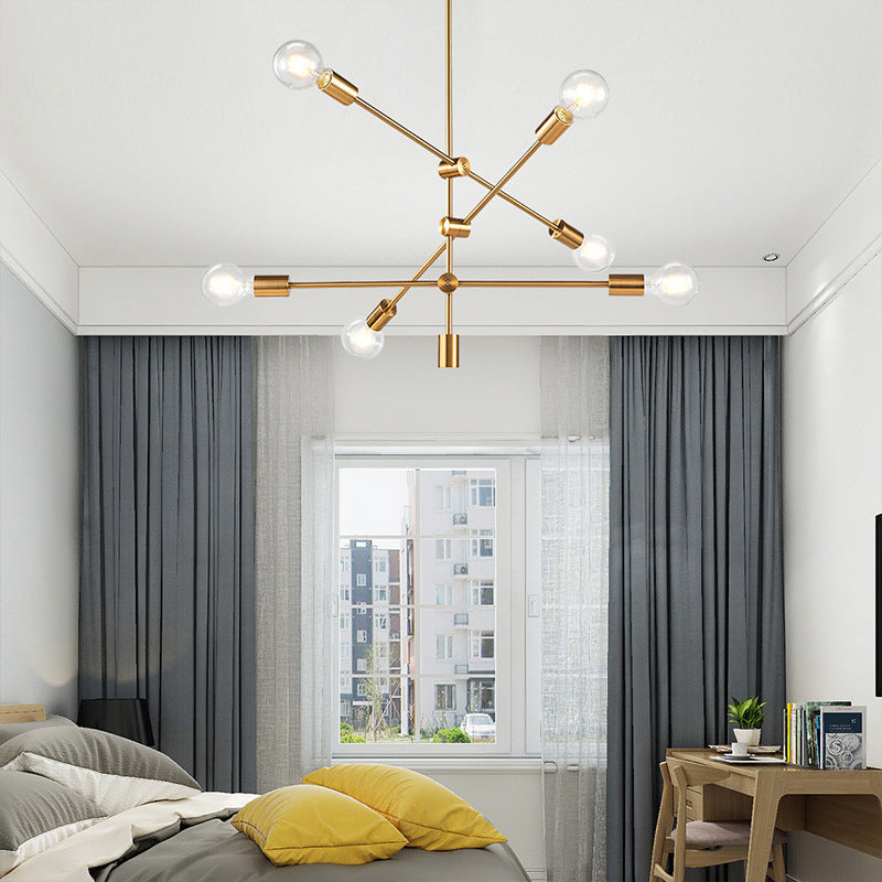 Geometric Lines Nordic Style Chandelier with Angle Adjustable Arm 6-lights Open Bulb Lighting Fixture in Bedroom Dining Room