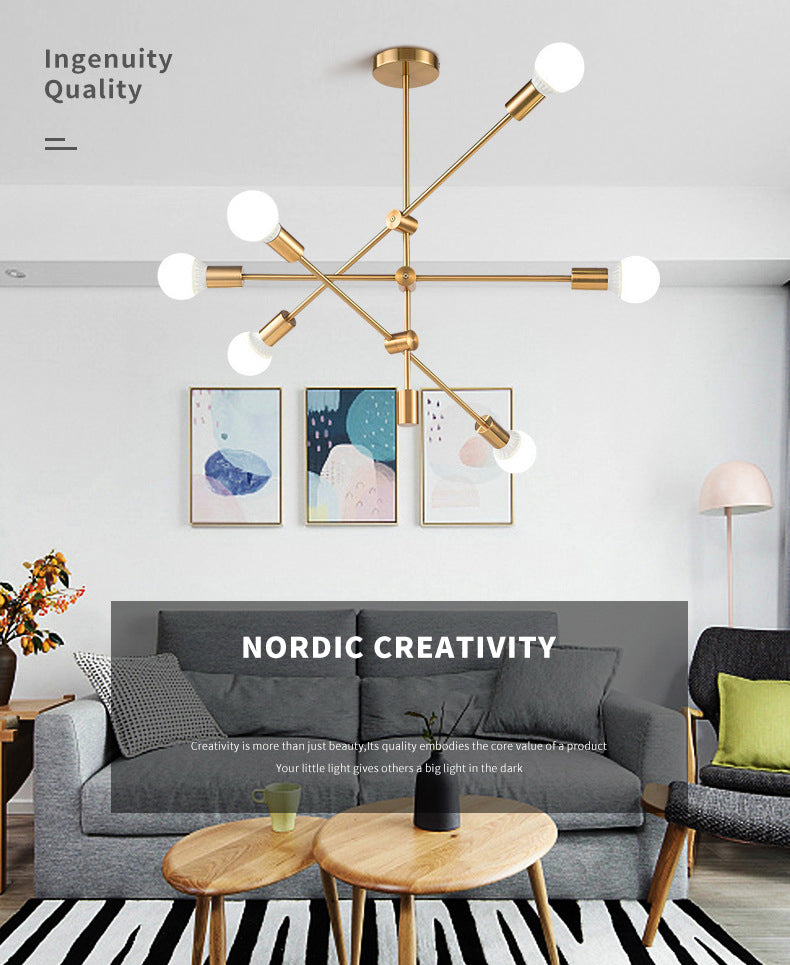 Geometric Lines Nordic Style Chandelier with Angle Adjustable Arm 6-lights Open Bulb Lighting Fixture in Bedroom Dining Room