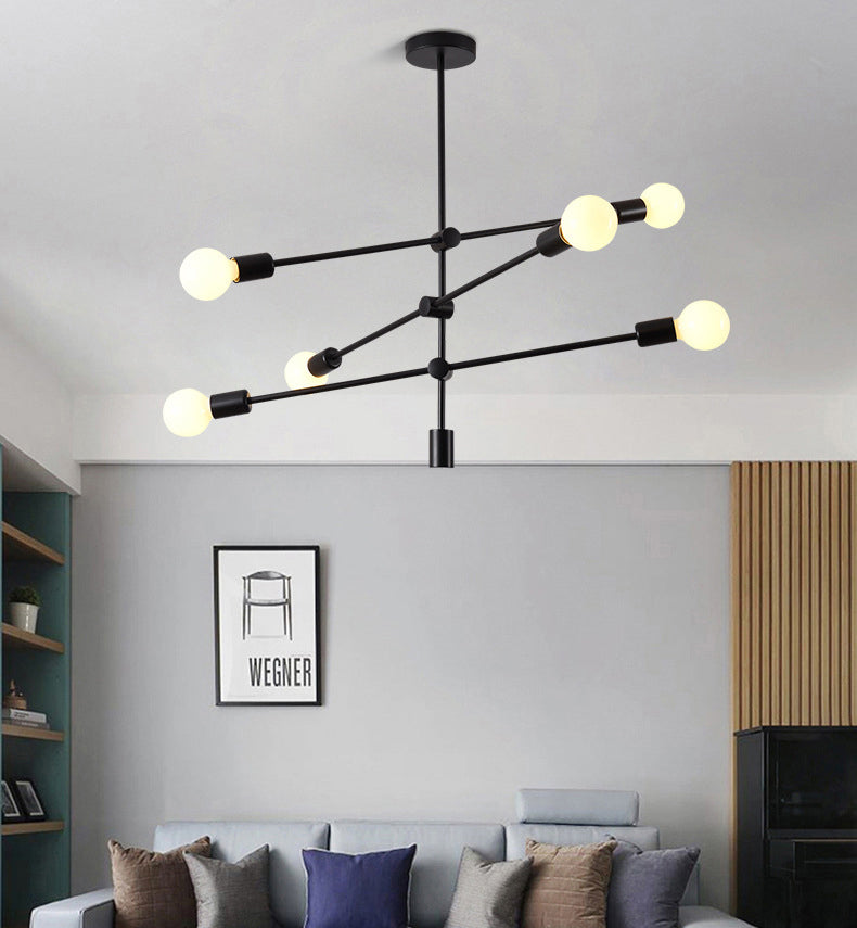 Geometric Lines Nordic Style Chandelier with Angle Adjustable Arm 6-lights Open Bulb Lighting Fixture in Bedroom Dining Room