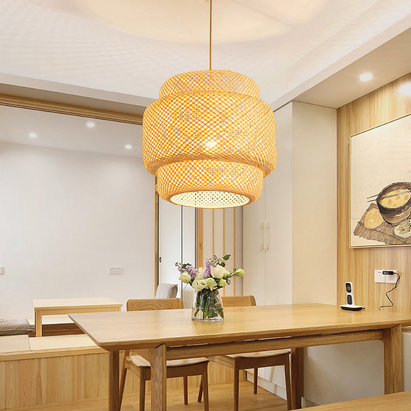 Lantern Bamboo Rattan Shape Pendant Hanging Lamp Asia Style 1 Light Hanging Ceiling Light  for Living Room