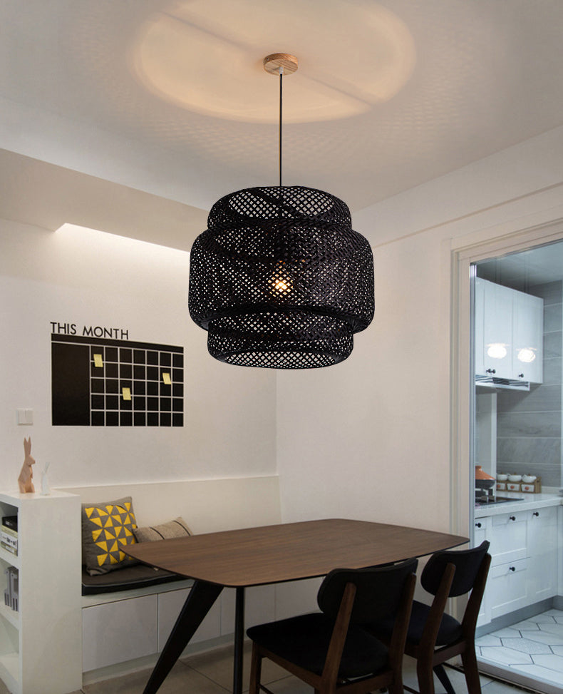 Lantern Bamboo Rattan Shape Pendant Hanging Lamp Asia Style 1 Light Hanging Ceiling Light  for Living Room