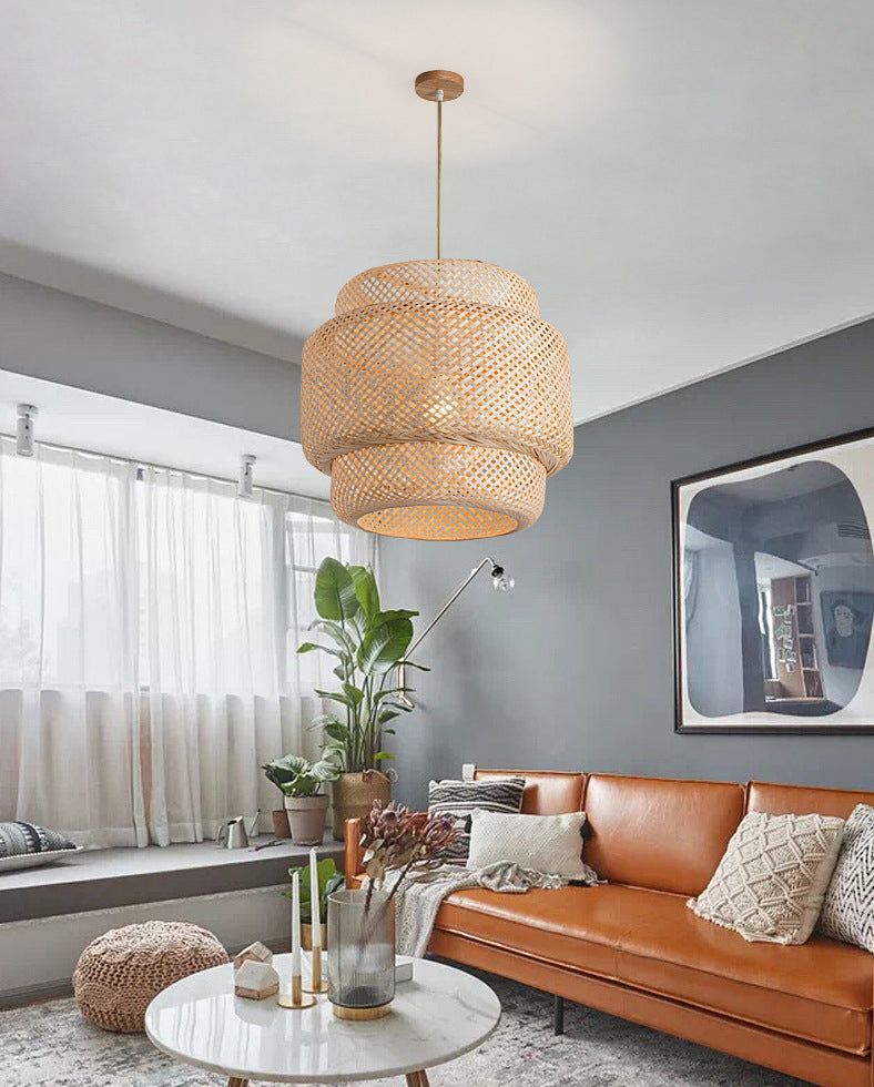 Lantern Bamboo Rattan Shape Pendant Hanging Lamp Asia Style 1 Light Hanging Ceiling Light  for Living Room